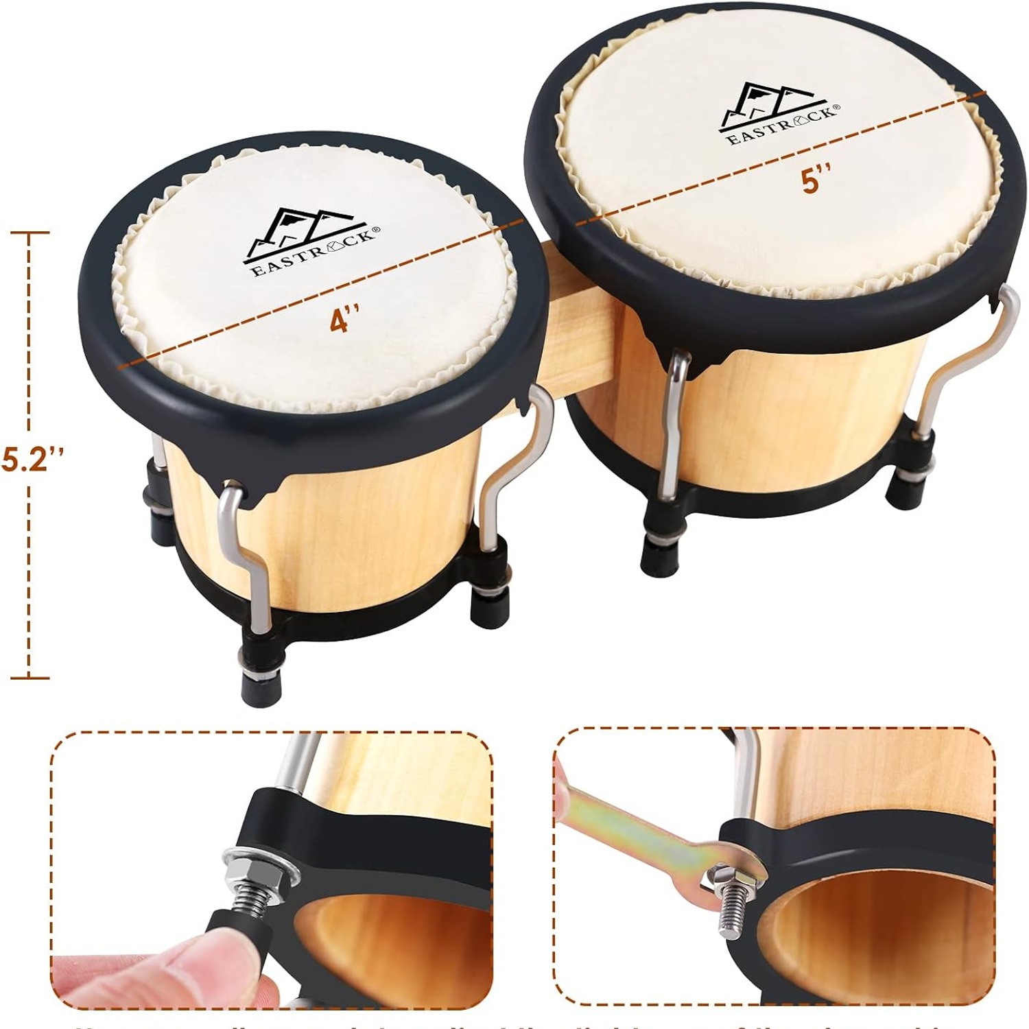 EASTROCK 4 and 5 Inch Tunable Wood Bongo Drum Set with Carry Bag