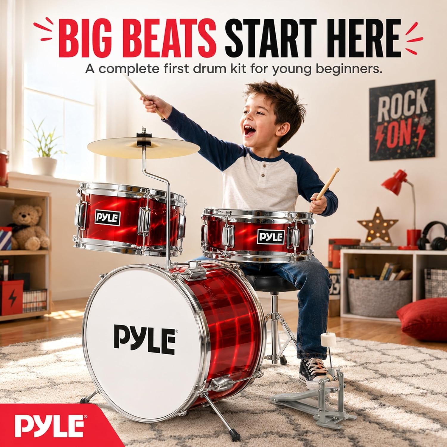 Pyle 3-Piece Kids Drum Kit with Cymbal, Pedal, Throne and Sticks: image 3