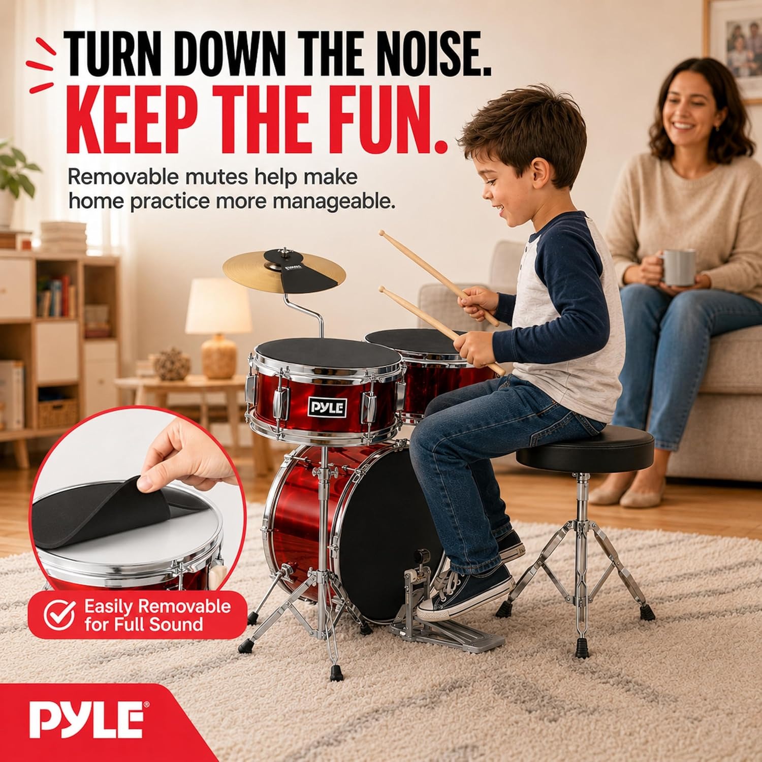 Pyle 3-Piece Kids Drum Kit with Cymbal, Pedal, Throne and Sticks: image 5