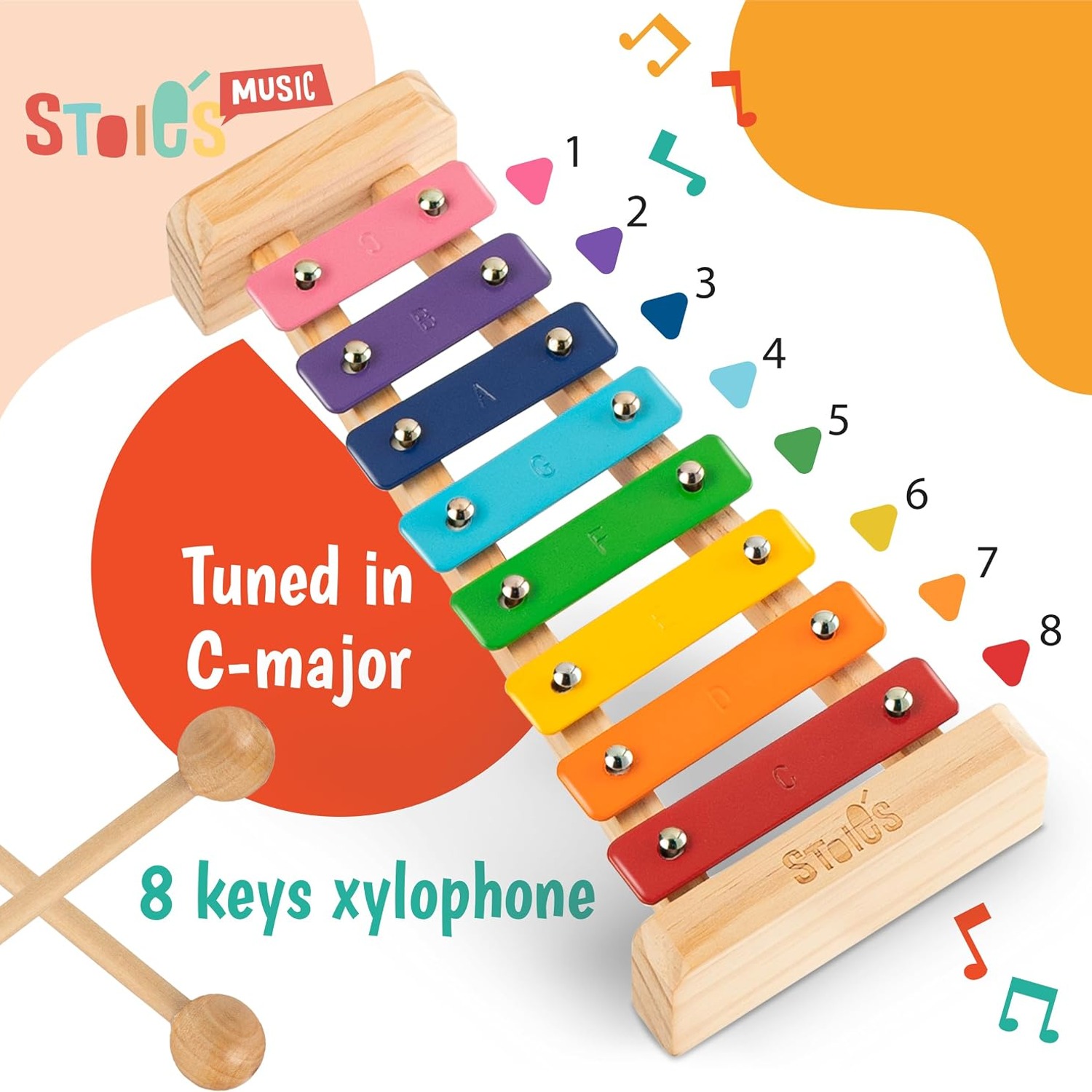 Stoie's 8-Note Rainbow Wooden Kids Xylophone with Mallets: image 4