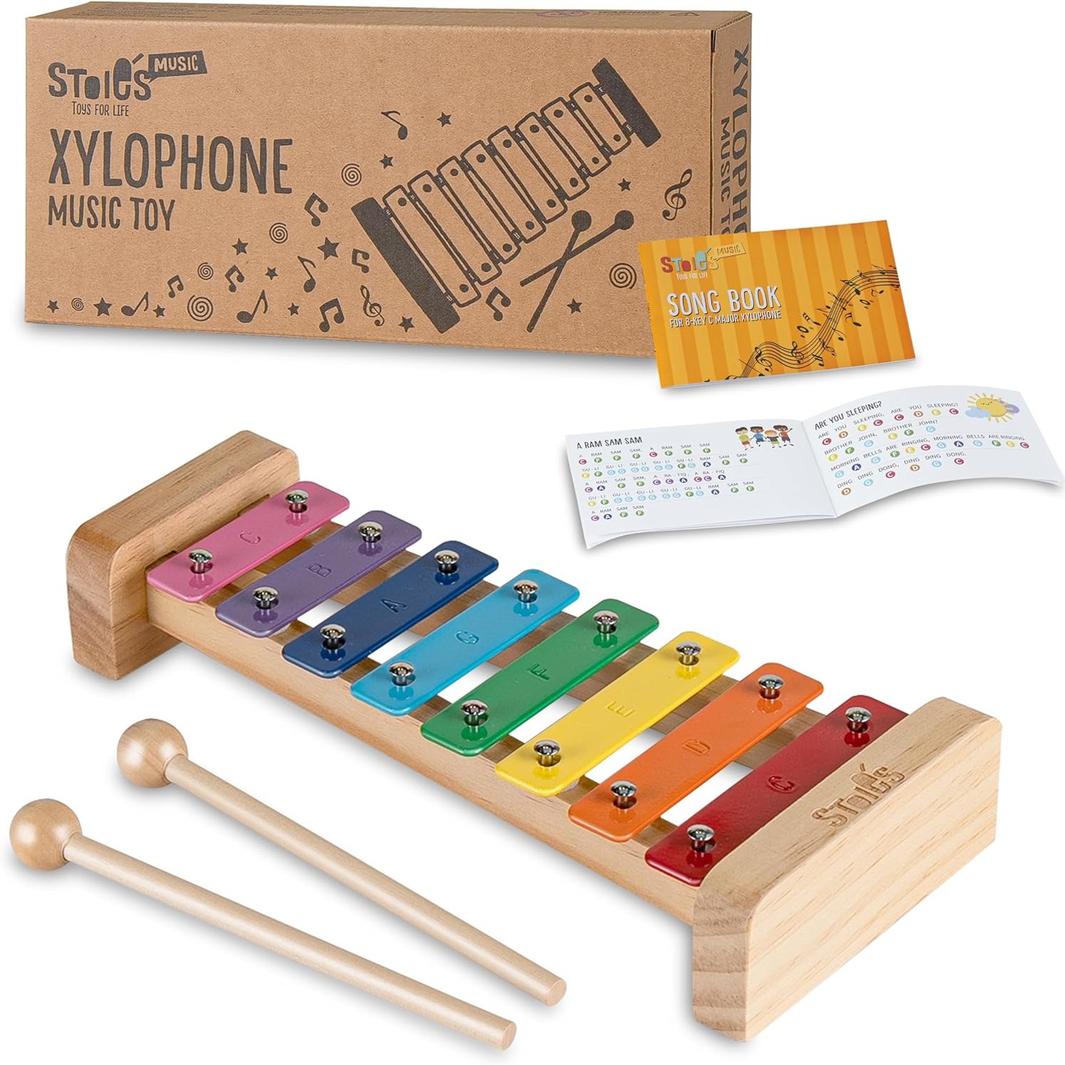 Stoie's 8-Note Rainbow Wooden Kids Xylophone with Mallets