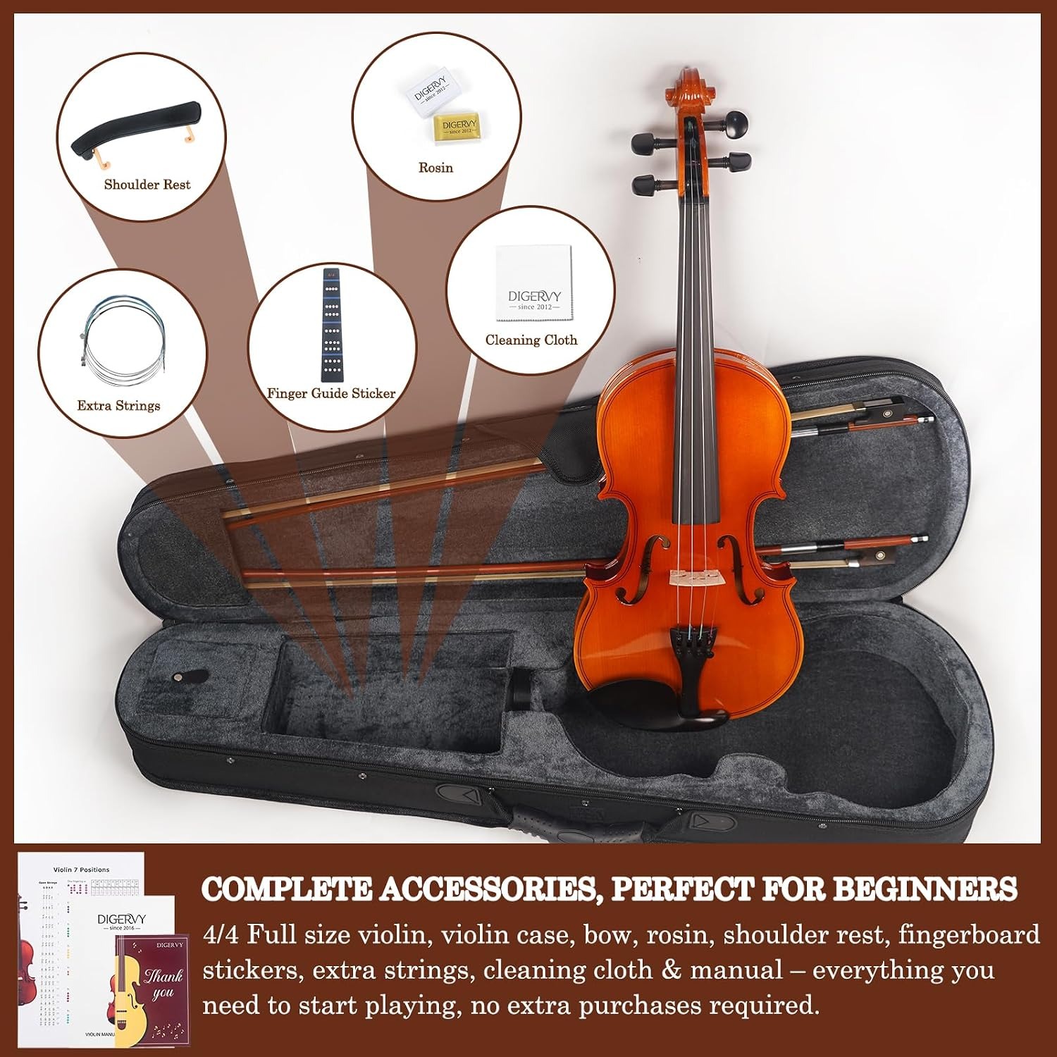 DIGERVY 4/4 Full Size Violin Kit with Case, Bow and Rosin: image 8